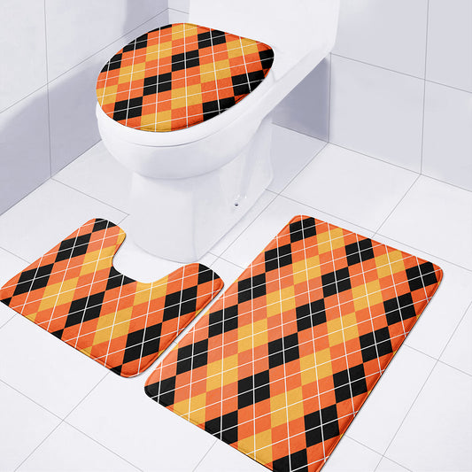 Black And Orange Argyle Pattern Print 3 Piece Bath Mat Set