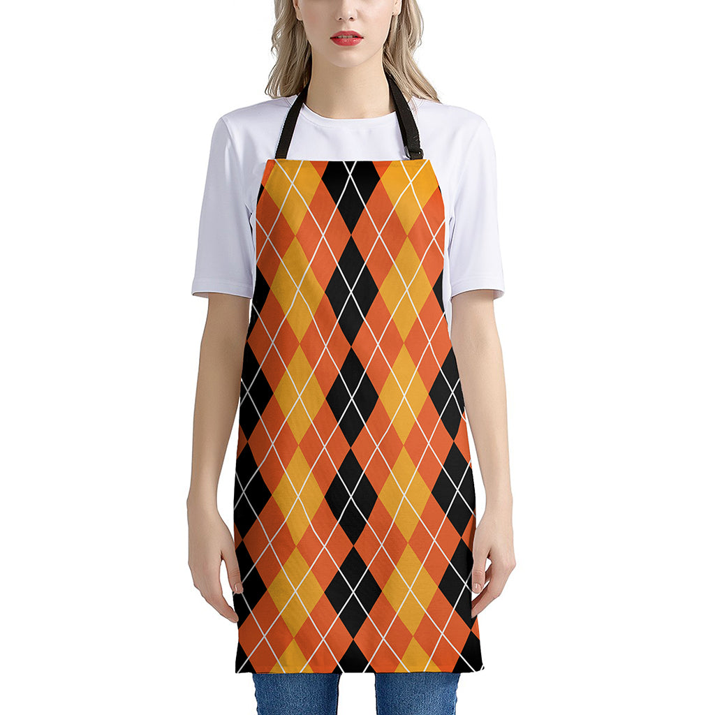 Black And Orange Argyle Pattern Print Apron