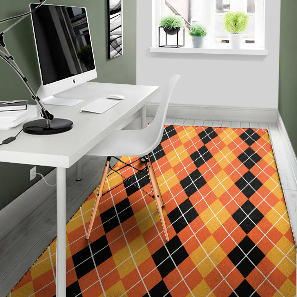 Black And Orange Argyle Pattern Print Area Rug