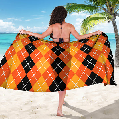 Black And Orange Argyle Pattern Print Beach Sarong Wrap