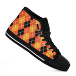 Black And Orange Argyle Pattern Print Black High Top Shoes