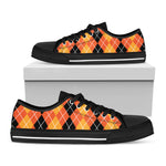 Black And Orange Argyle Pattern Print Black Low Top Shoes