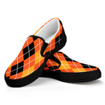 Black And Orange Argyle Pattern Print Black Slip On Shoes