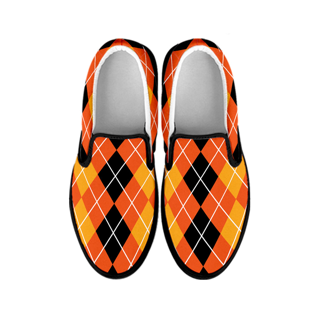 Black And Orange Argyle Pattern Print Black Slip On Shoes