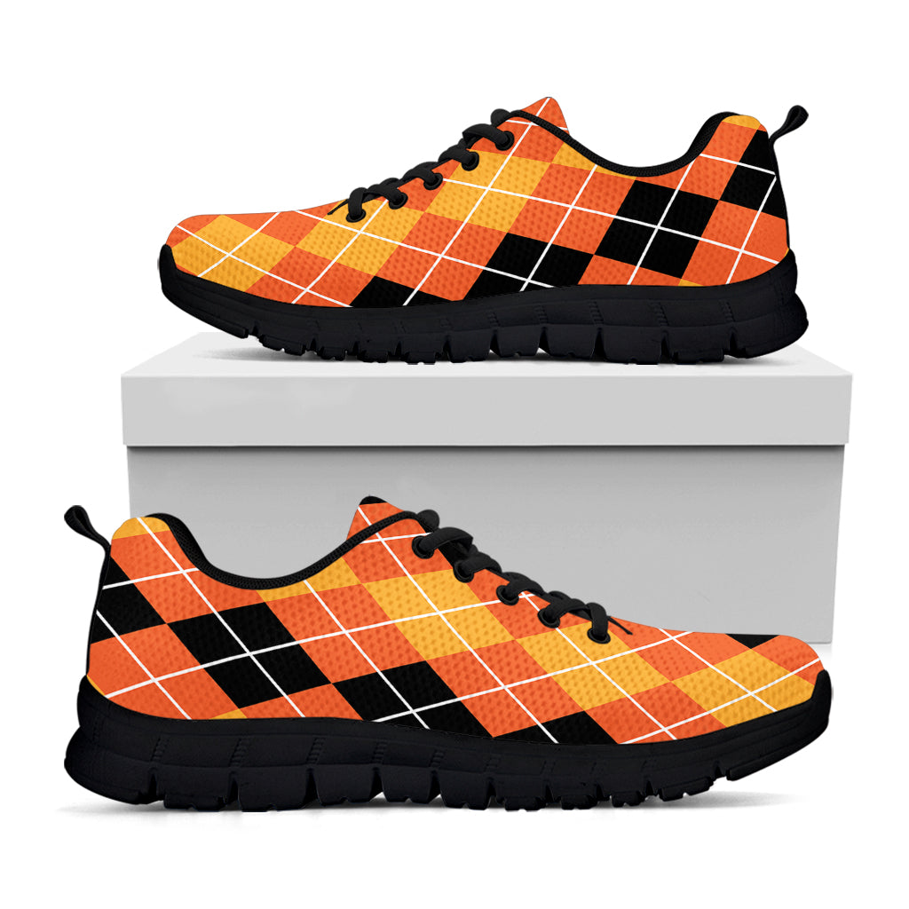 Black And Orange Argyle Pattern Print Black Sneakers