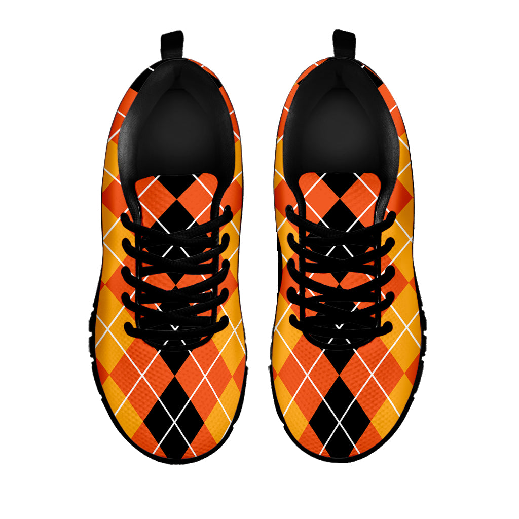 Black And Orange Argyle Pattern Print Black Sneakers