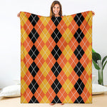 Black And Orange Argyle Pattern Print Blanket