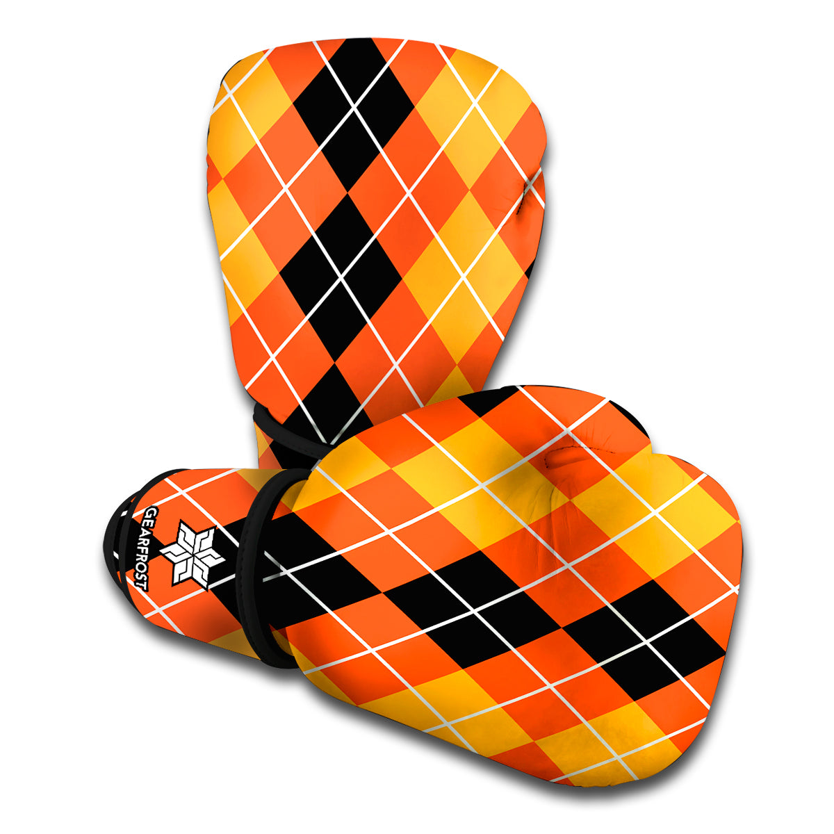 Black And Orange Argyle Pattern Print Boxing Gloves