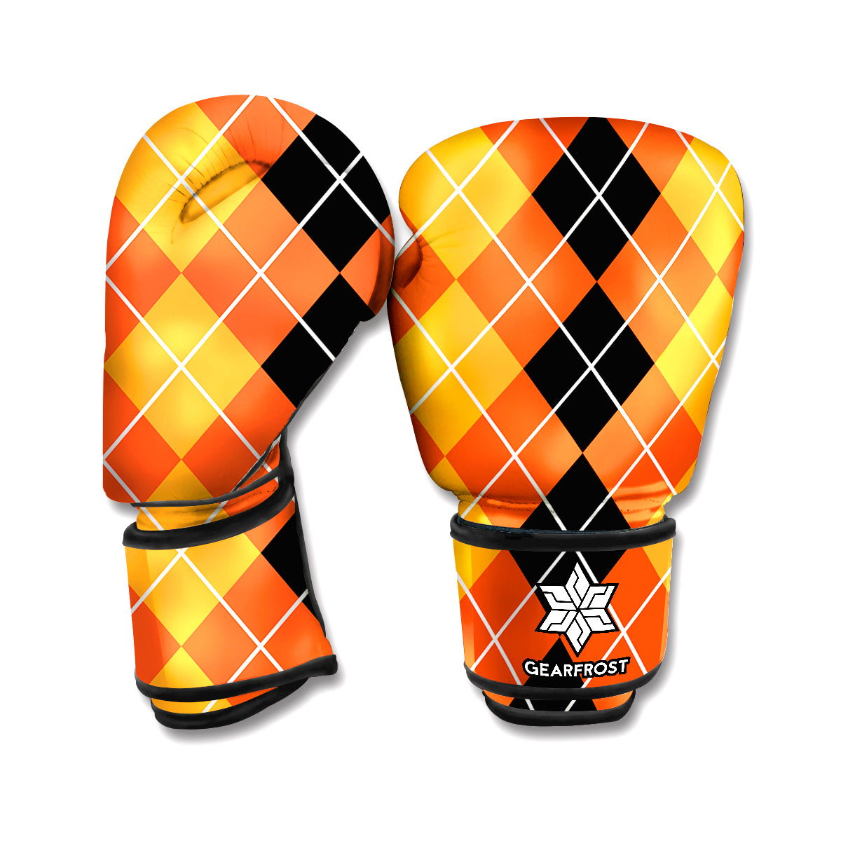 Black And Orange Argyle Pattern Print Boxing Gloves