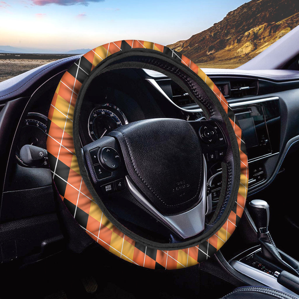 Black And Orange Argyle Pattern Print Car Steering Wheel Cover