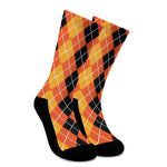 Black And Orange Argyle Pattern Print Crew Socks