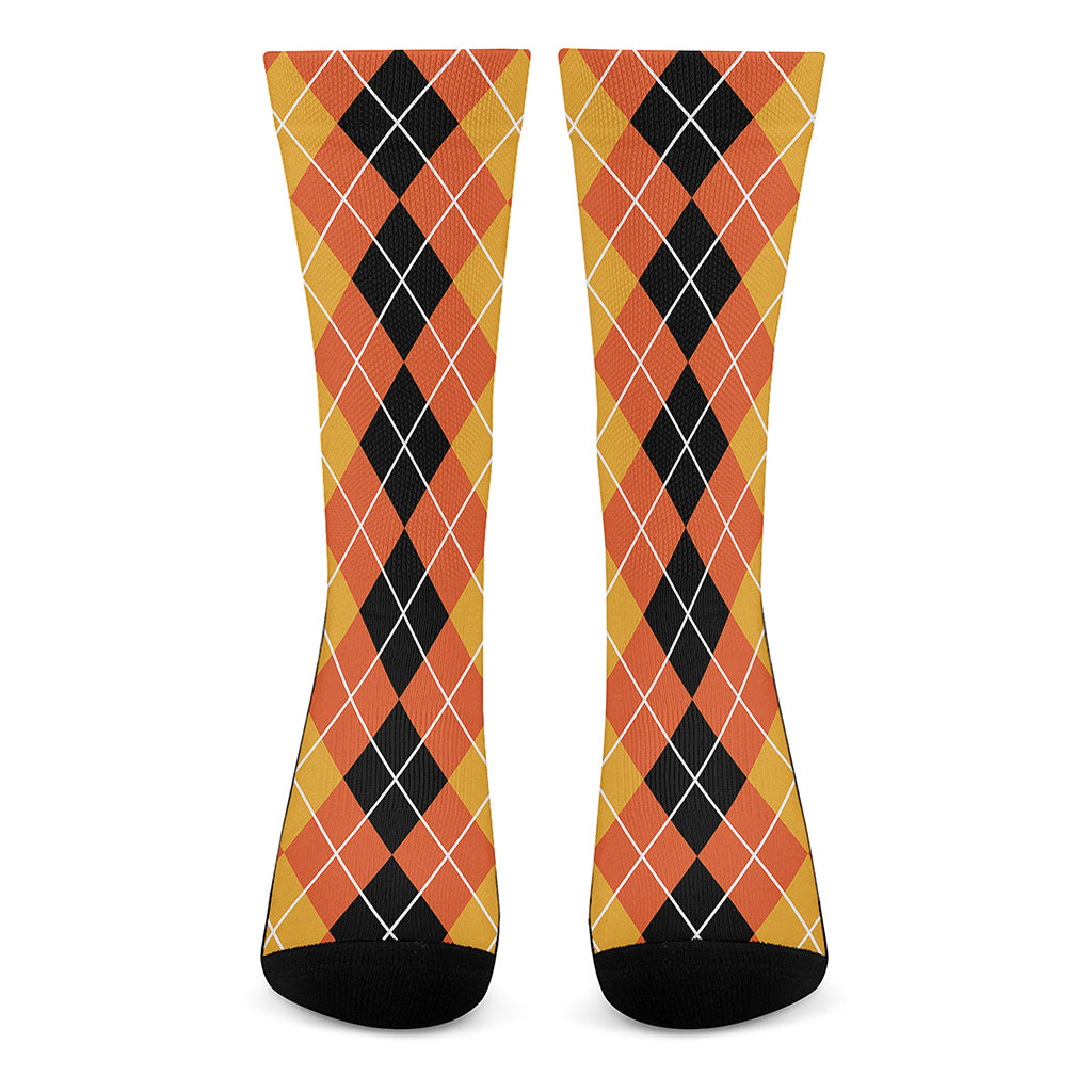 Black And Orange Argyle Pattern Print Crew Socks