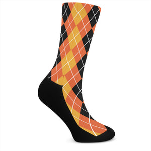 Black And Orange Argyle Pattern Print Crew Socks