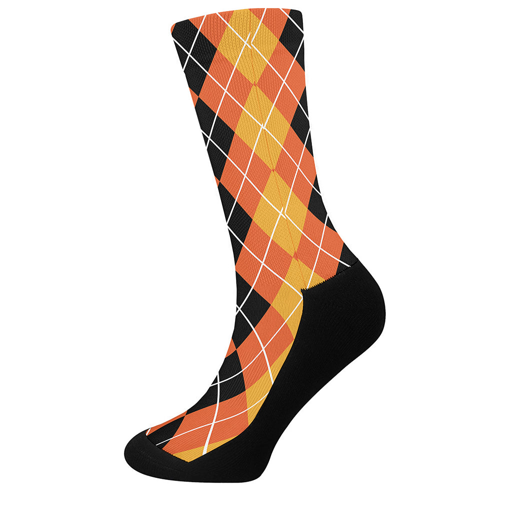 Black And Orange Argyle Pattern Print Crew Socks