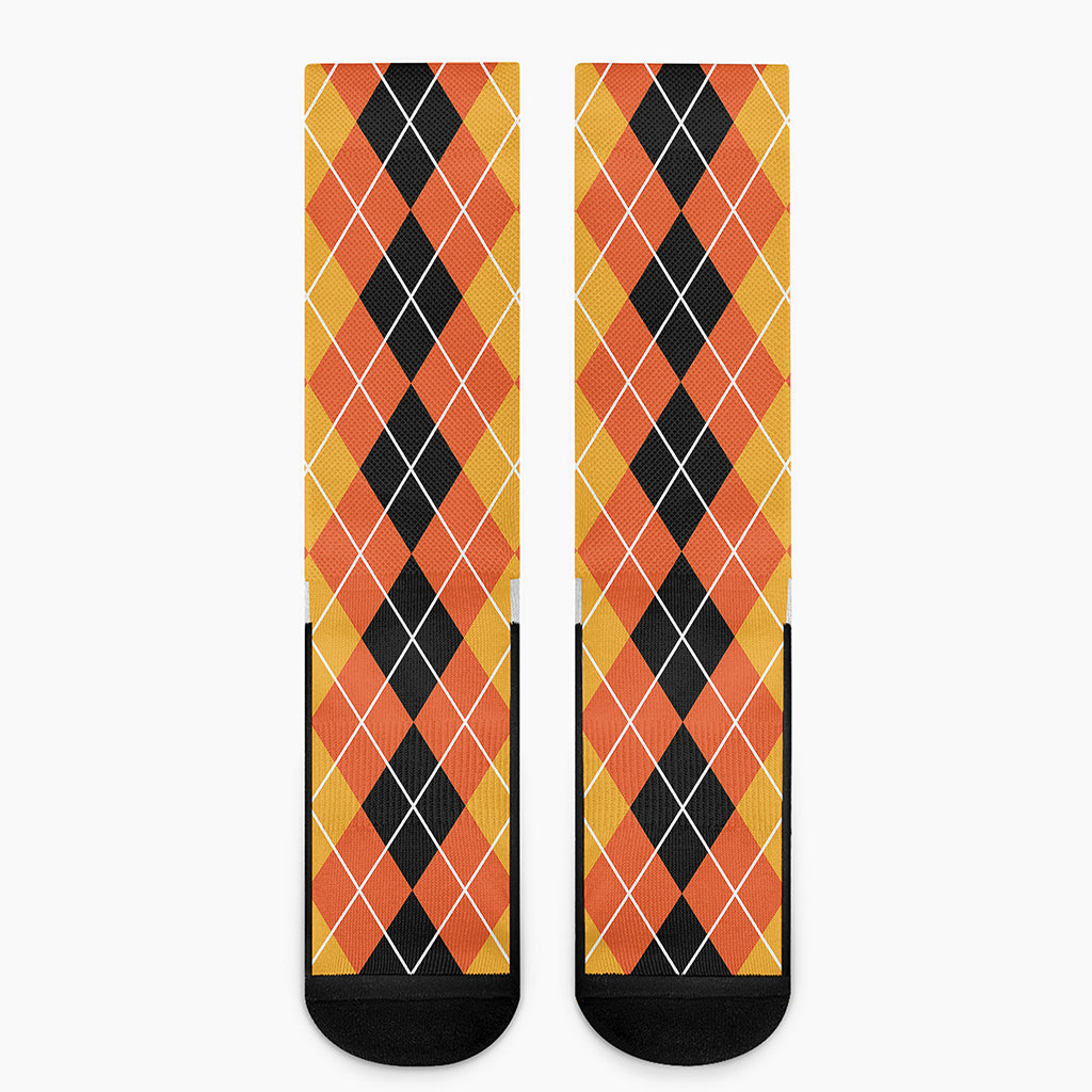 Black And Orange Argyle Pattern Print Crew Socks