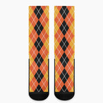 Black And Orange Argyle Pattern Print Crew Socks