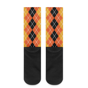 Black And Orange Argyle Pattern Print Crew Socks