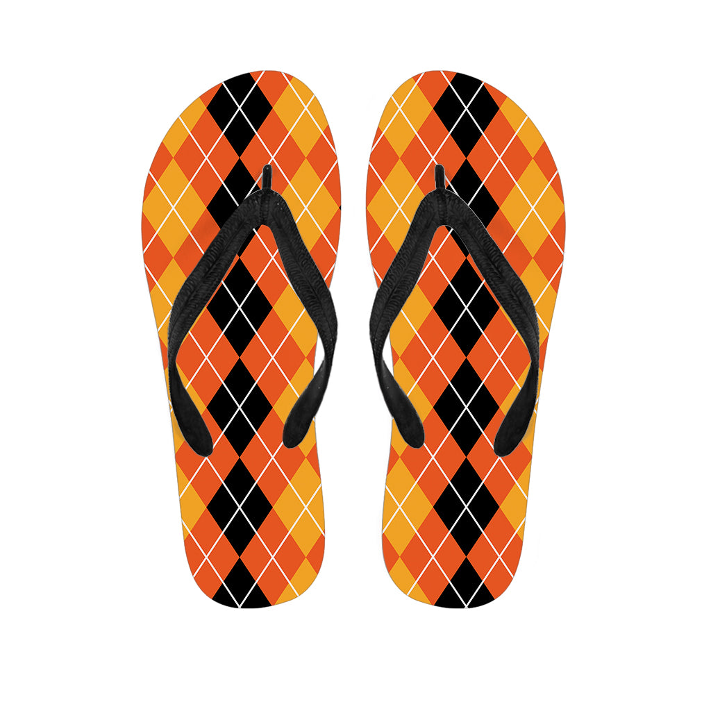 Black And Orange Argyle Pattern Print Flip Flops