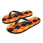 Black And Orange Argyle Pattern Print Flip Flops