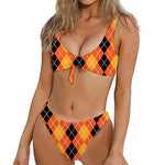 Black And Orange Argyle Pattern Print Front Bow Tie Bikini