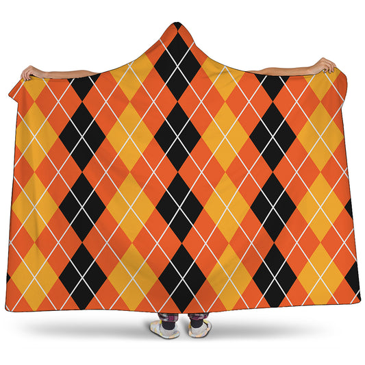 Black And Orange Argyle Pattern Print Hooded Blanket