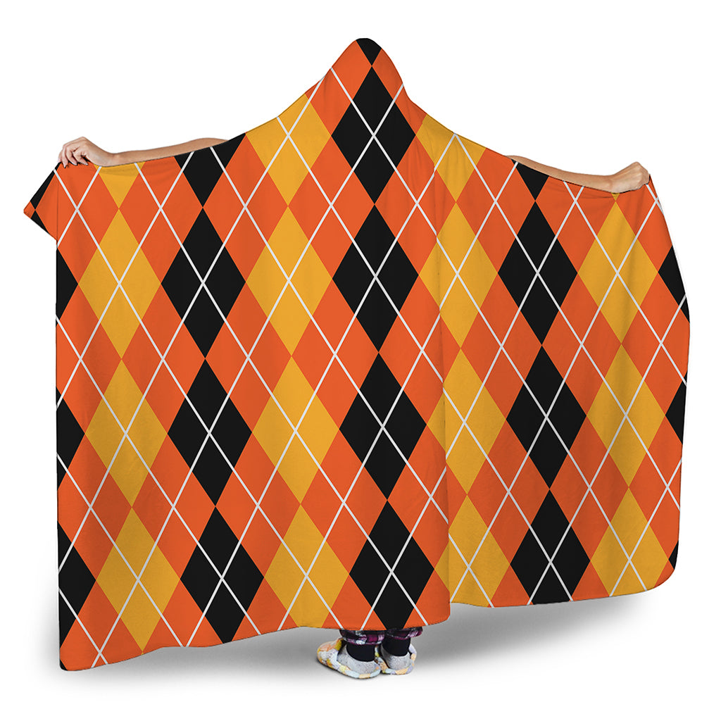 Black And Orange Argyle Pattern Print Hooded Blanket