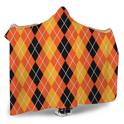 Black And Orange Argyle Pattern Print Hooded Blanket