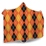 Black And Orange Argyle Pattern Print Hooded Blanket