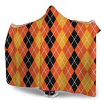Black And Orange Argyle Pattern Print Hooded Blanket