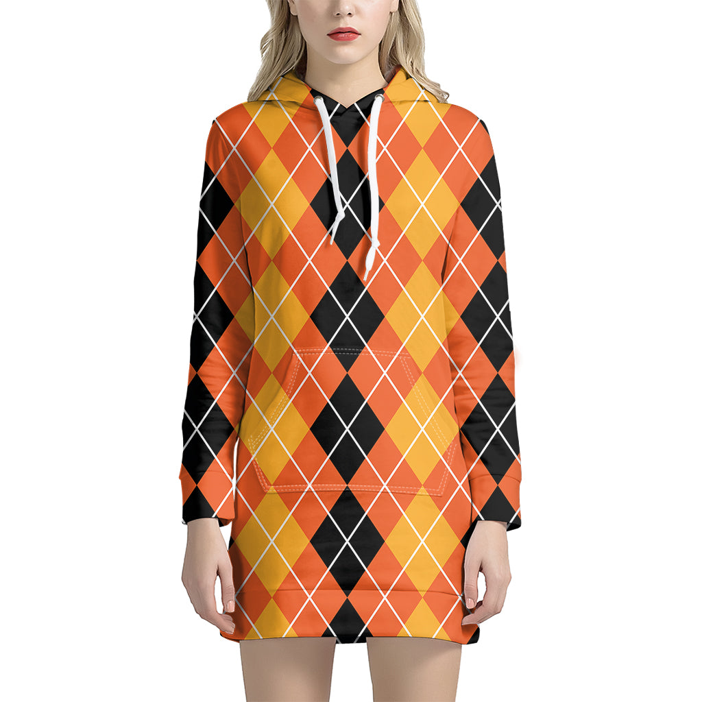 Black And Orange Argyle Pattern Print Hoodie Dress