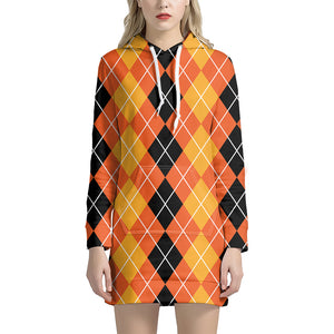 Black And Orange Argyle Pattern Print Hoodie Dress