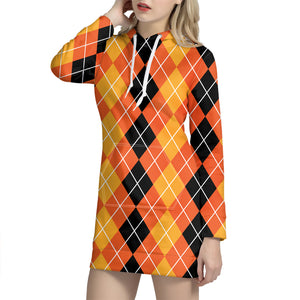 Black And Orange Argyle Pattern Print Hoodie Dress