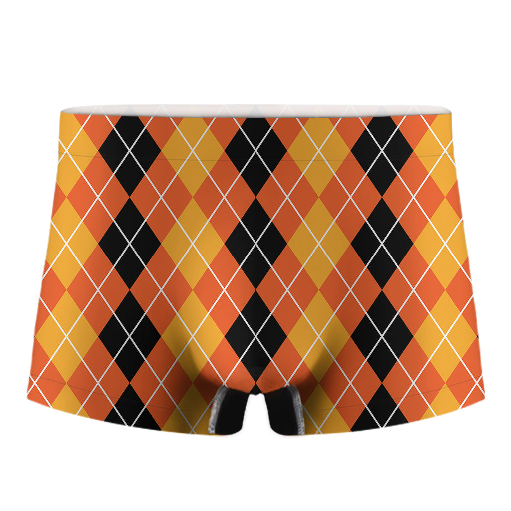 Black And Orange Argyle Pattern Print Men's Boxer Briefs