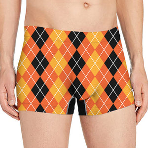 Black And Orange Argyle Pattern Print Men's Boxer Briefs