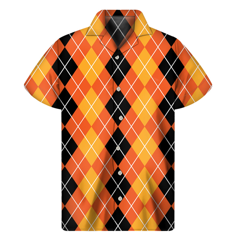 Black And Orange Argyle Pattern Print Men's Short Sleeve Shirt