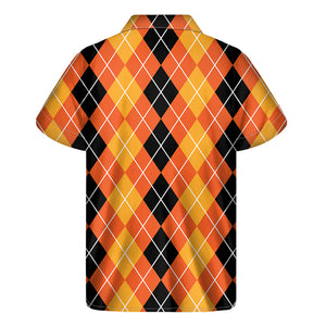 Black And Orange Argyle Pattern Print Men's Short Sleeve Shirt