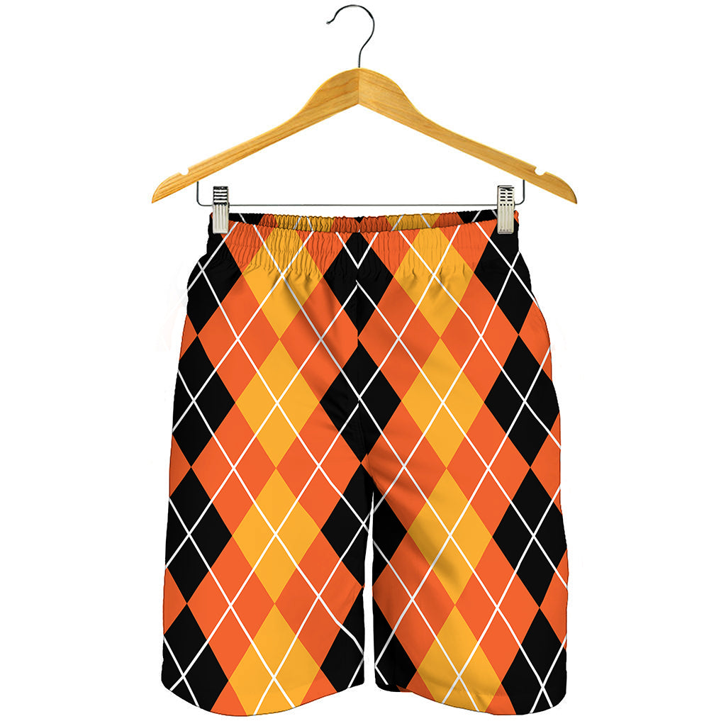 Black And Orange Argyle Pattern Print Men's Shorts