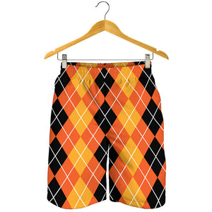 Black And Orange Argyle Pattern Print Men's Shorts