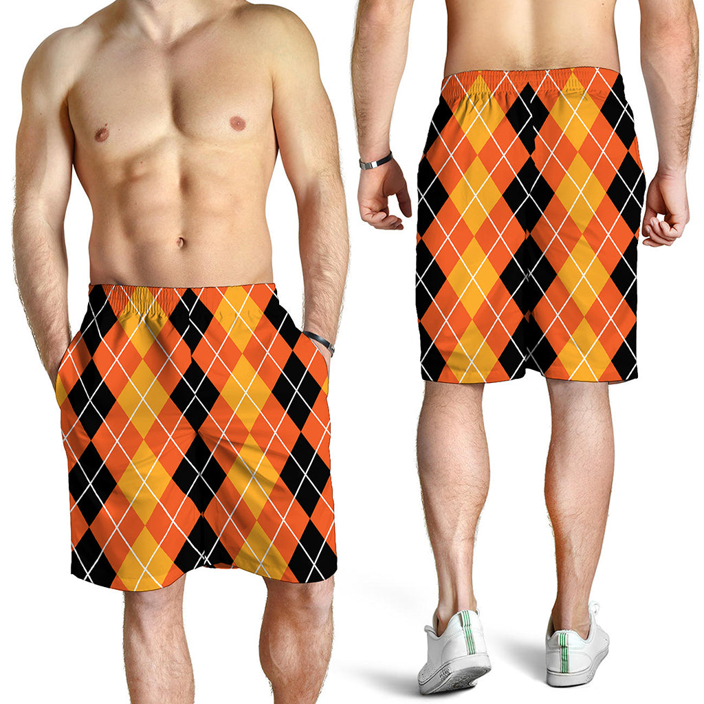 Black And Orange Argyle Pattern Print Men's Shorts