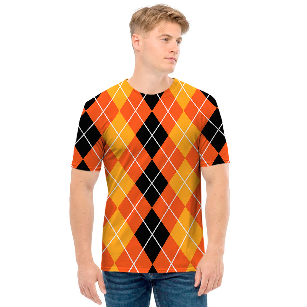 Black And Orange Argyle Pattern Print Men's T-Shirt