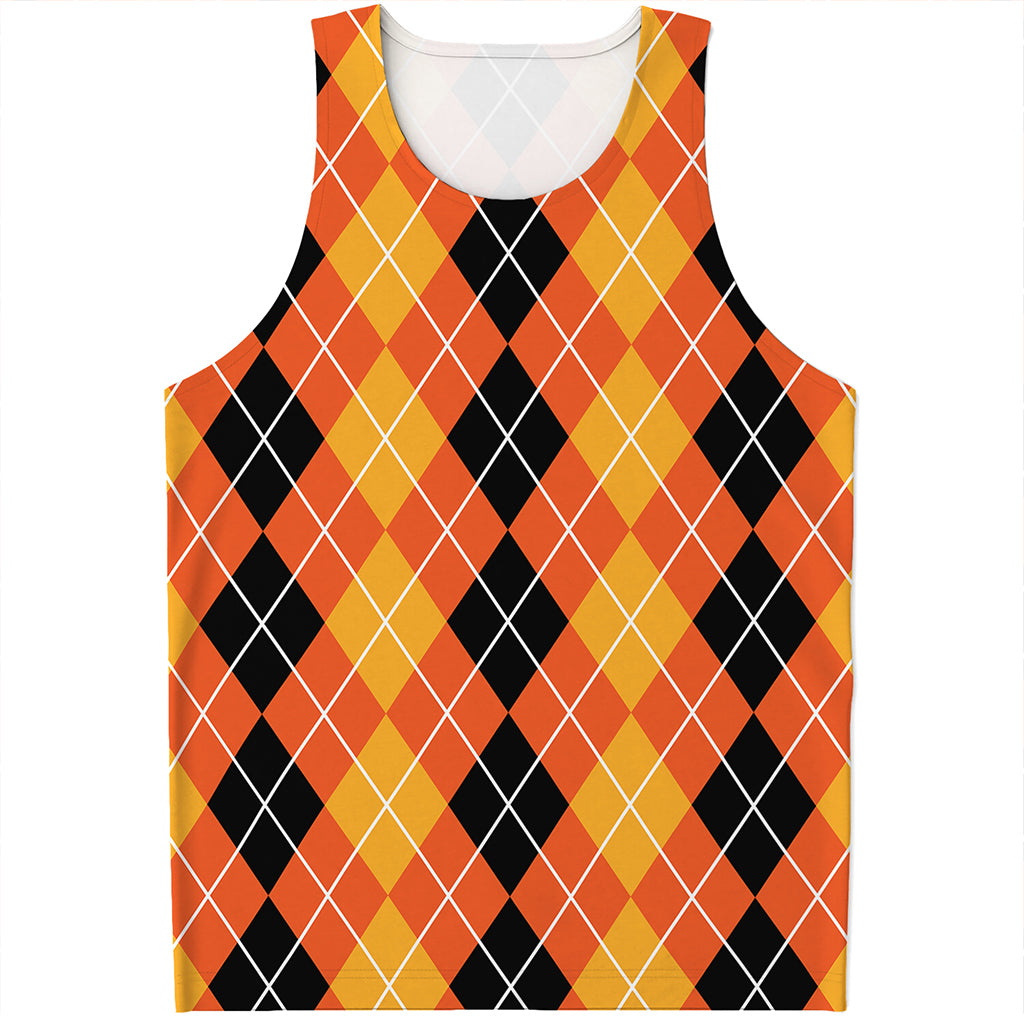 Black And Orange Argyle Pattern Print Men's Tank Top