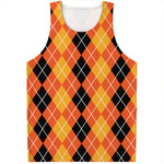 Black And Orange Argyle Pattern Print Men's Tank Top