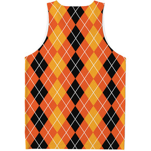 Black And Orange Argyle Pattern Print Men's Tank Top