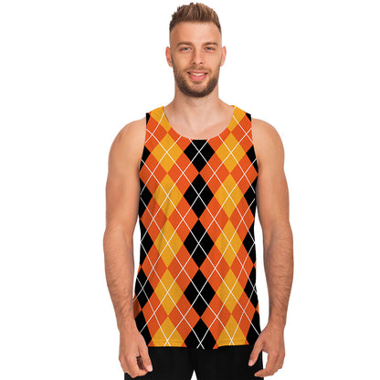 Black And Orange Argyle Pattern Print Men's Tank Top