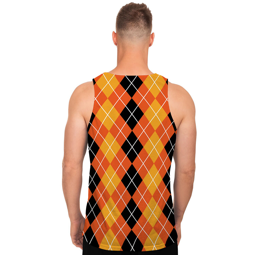 Black And Orange Argyle Pattern Print Men's Tank Top