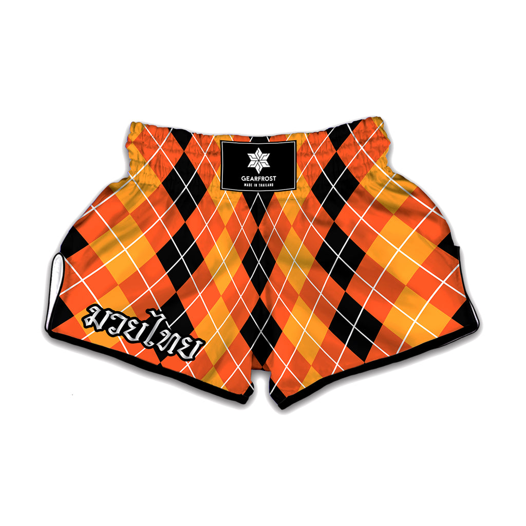 Black And Orange Argyle Pattern Print Muay Thai Boxing Shorts