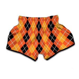 Black And Orange Argyle Pattern Print Muay Thai Boxing Shorts