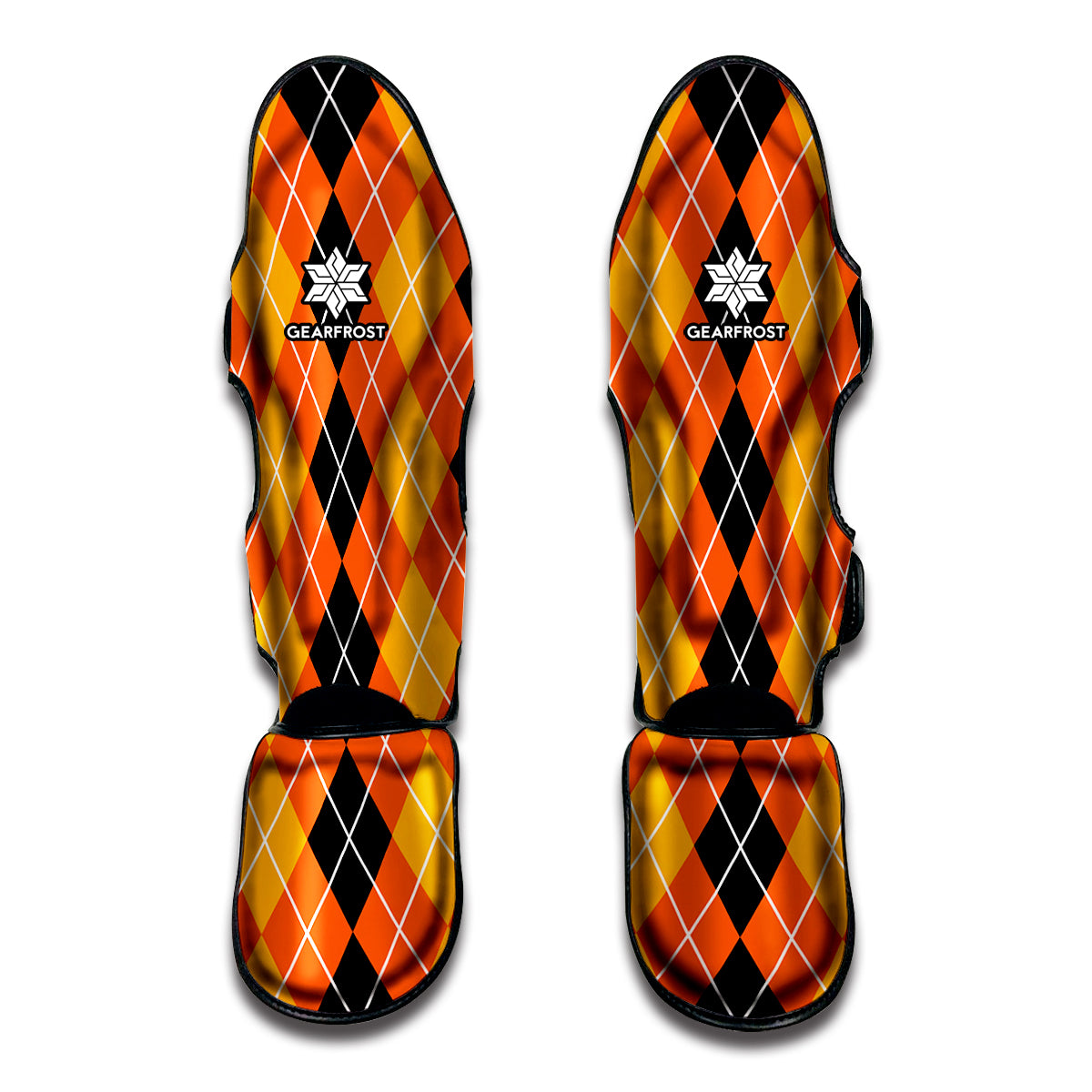 Black And Orange Argyle Pattern Print Muay Thai Shin Guard