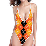 Black And Orange Argyle Pattern Print One Piece High Cut Swimsuit