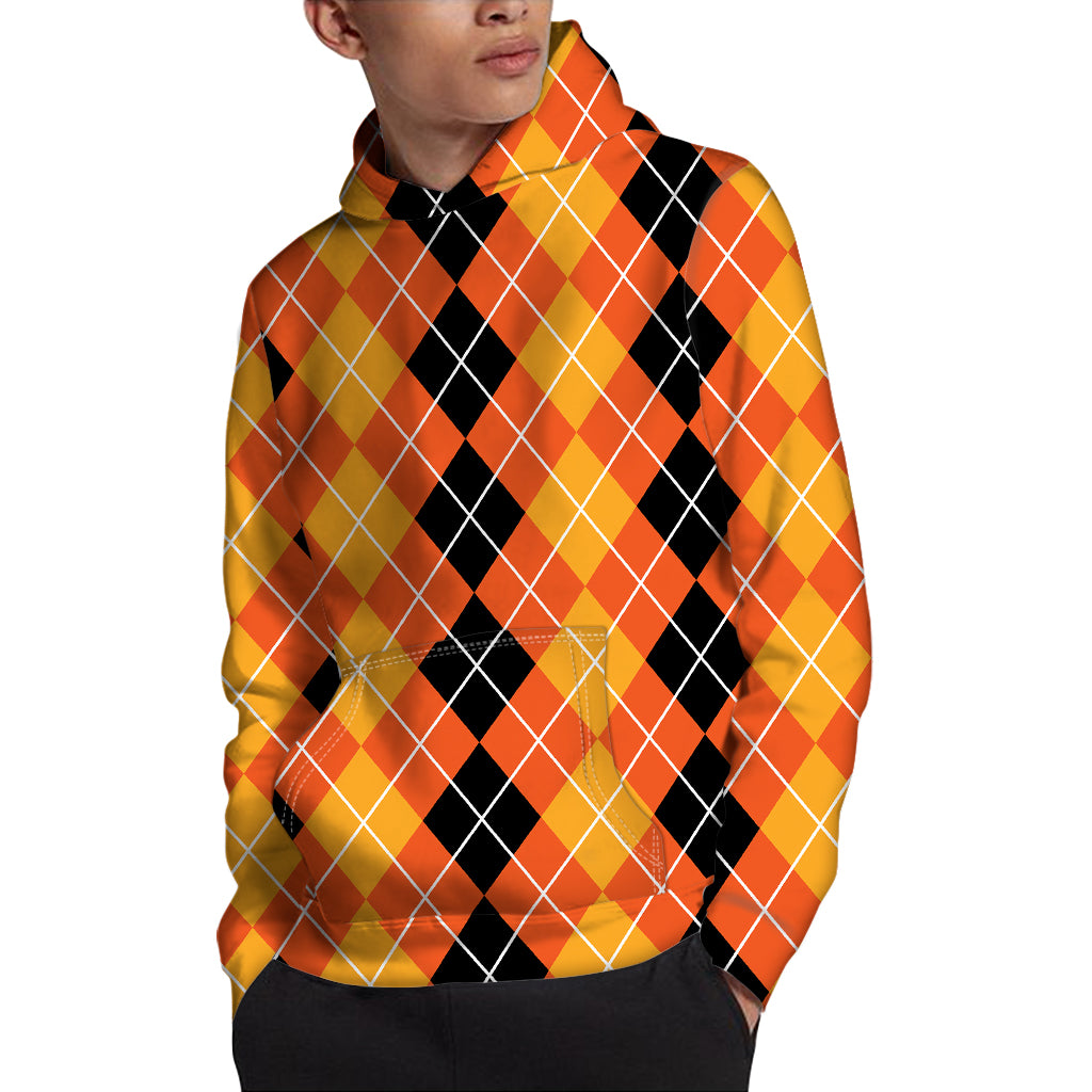 Black And Orange Argyle Pattern Print Pullover Hoodie